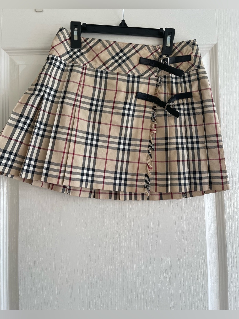 Burberry Blue Label Plaid Mini Skirt with Leather Straps Accent - Beige
